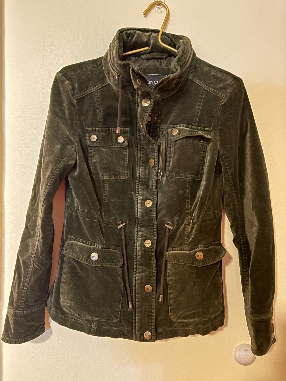 Womens Olive Green Velvet Utility Jacket with Drawstring Waist